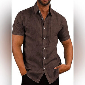 Sz L COOFANDY Men's Casual Linen Shirt Short Sleeve Button Down Dress coffee NWT
